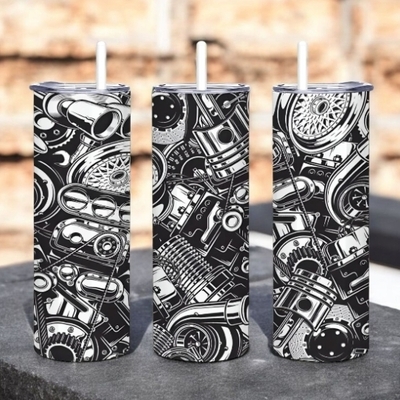 ​mechanic tumbler 20oz skinny, engine parts blueprint gift, black and white auto shop 