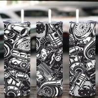 ​Mechanic Tumbler 20oz Skinny, Engine Parts Blueprint Gift, Black and White Auto Shop  - Thumbnail 1