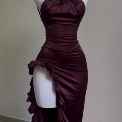 Sexy burgundy sheath prom dress back open asymmetrical wedding guest dresses