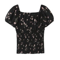 Floral print V-neck puff sleeve elastic waist slim-fit top - Thumbnail 1