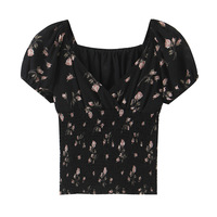 Floral print V-neck puff sleeve elastic waist slim-fit top - Thumbnail 2