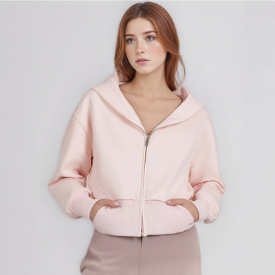 Youthful, sweet, casual, air-layer hooded zip-up short sweatshirt