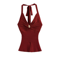 Halter neck slit metal buckle elastic slim-fit knit vest - Thumbnail 1