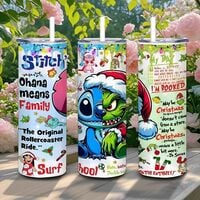 Ohana Means Family Christmas Tumbler 20oz Skinny, Stitch Grinch Split Face Parody - Thumbnail 3