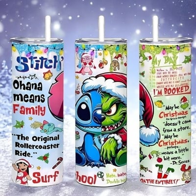 Ohana means family christmas tumbler 20oz skinny, stitch grinch split face parody