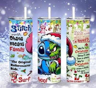 Ohana Means Family Christmas Tumbler 20oz Skinny, Stitch Grinch Split Face Parody