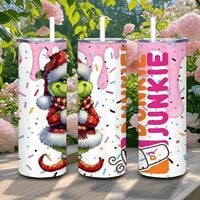 Dunkie Junkie Tumbler 20oz Skinny, Grinch Style Parody Coffee Gift, Pink Donut Sprinkles Holiday  - Thumbnail 1