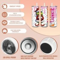 Dunkie Junkie Tumbler 20oz Skinny, Grinch Style Parody Coffee Gift, Pink Donut Sprinkles Holiday  - Thumbnail 3
