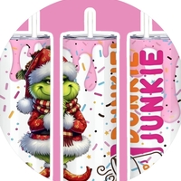 Dunkie Junkie Tumbler 20oz Skinny, Grinch Style Parody Coffee Gift, Pink Donut Sprinkles Holiday  - Thumbnail 2