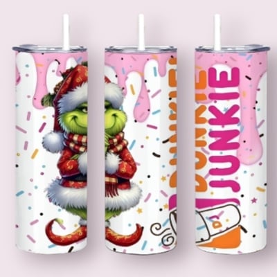 Dunkie junkie tumbler 20oz skinny, grinch style parody coffee gift, pink donut sprinkles holiday 