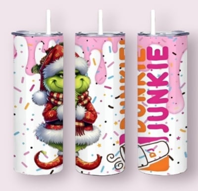 Dunkie Junkie Tumbler 20oz Skinny, Grinch Style Parody Coffee Gift, Pink Donut Sprinkles Holiday 