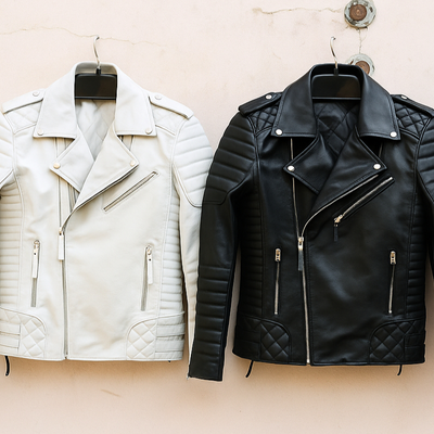 Crafted leather mens classic black and white leather jacket pure lambskin motorcycle slim fit biker 