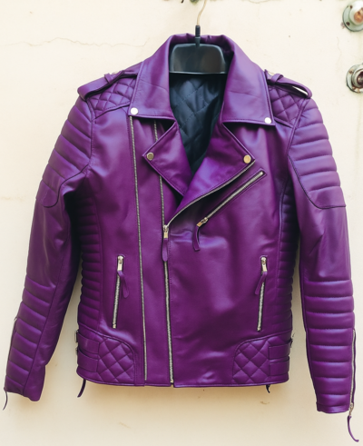Crafted Leather Mens Classic Purple Leather Jacket Pure Lambskin Motorcycle Slim Fit Biker 