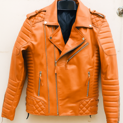 Crafted leather mens classic orange leather jacket pure lambskin motorcycle slim fit biker 
