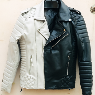 Crafted leather mens classic two tone black white leather jacket pure lambskin motorcycle slim fit biker  - Thumbnail 4
