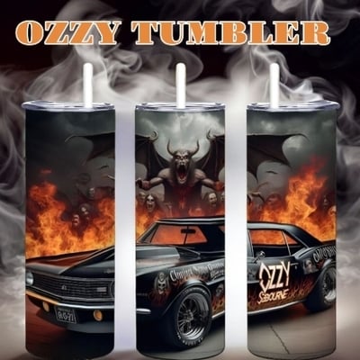 Heavy metal car tumbler 20oz skinny, demon hellfire muscle car fan gift, rock tribute