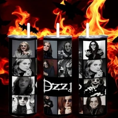 Ozzy osbourne photo collage tumbler 20oz skinny, black and white rock fan gift, heavy metal tribute 