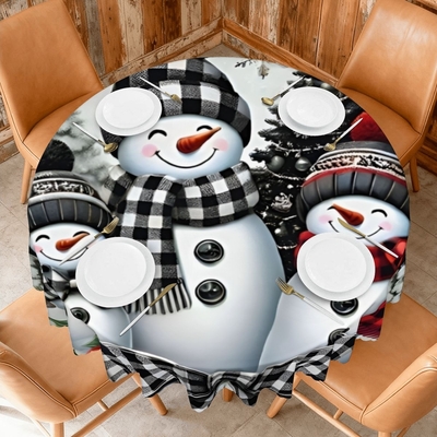 60 Inch Round Buffalo Plaid Snowman Tablecloth, Christmas Holiday Farmhouse Table Cover, Black and White Rustic Winter Decor