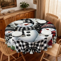 60 Inch Round Buffalo Plaid Snowman Tablecloth, Christmas Holiday Farmhouse Table Cover, Black and White Rustic Winter Decor - Thumbnail 2