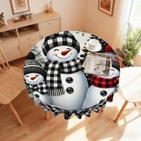 60 Inch Round Buffalo Plaid Snowman Tablecloth, Christmas Holiday Farmhouse Table Cover, Black and White Rustic Winter Decor - Thumbnail 3