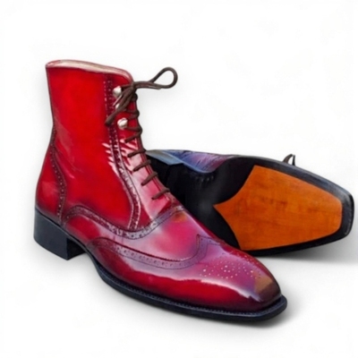 Crafted leather men’s classic burgundy leather ankle high wingtip dress balmoral boot