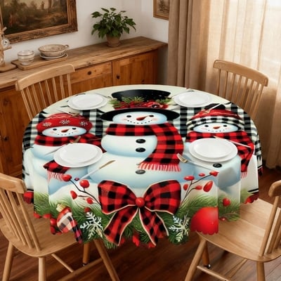 60 inch round buffalo plaid snowman tablecloth, red and black rustic christmas table cover, farmhouse holiday dinner decor