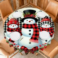 60 Inch Round Buffalo Plaid Snowman Tablecloth, Red and Black Rustic Christmas Table Cover, Farmhouse Holiday Dinner Decor - Thumbnail 2