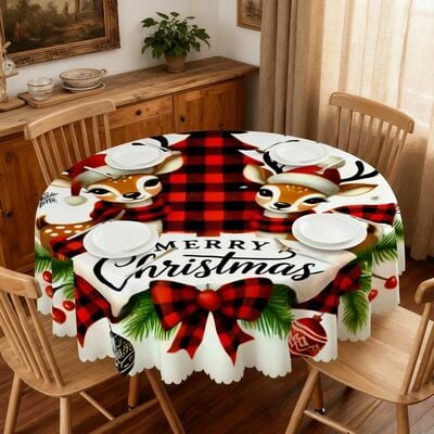 60 inch round buffalo plaid reindeer tablecloth, merry christmas farmhouse table cover, red black rustic holiday decor