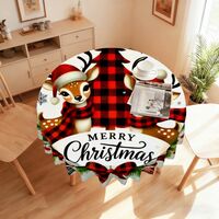 60 Inch Round Buffalo Plaid Reindeer Tablecloth, Merry Christmas Farmhouse Table Cover, Red Black Rustic Holiday Decor - Thumbnail 1