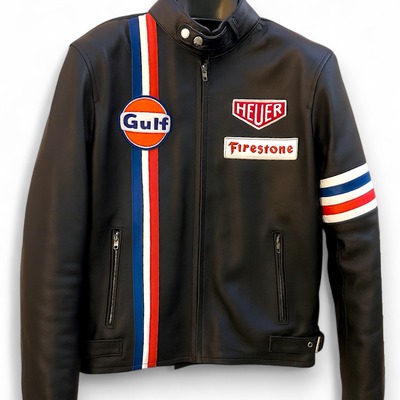 Crafted leather black with red white and blue stripes biker motorcycle jacket - Thumbnail 4