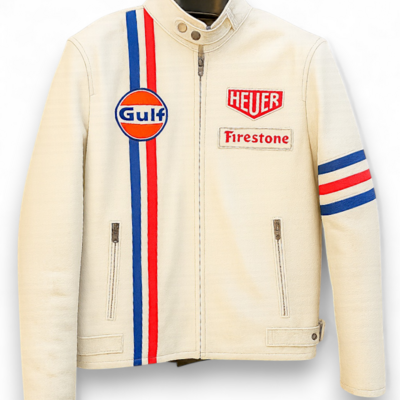 Crafted leather classic white leather with red and blue stripes biker motorcycle jacket - Thumbnail 5