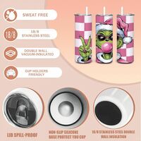 Pink Grinch Tumbler with Bubble Gum & Sunglasses | 20oz Skinny Sublimation Tumbler | Checkerboard - Thumbnail 2