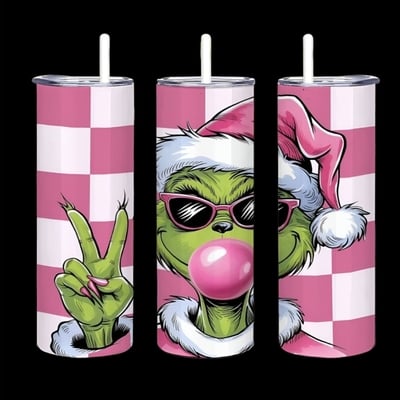 Pink grinch tumbler with bubble gum & sunglasses | 20oz skinny sublimation tumbler | checkerboard