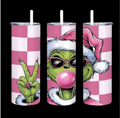 Pink Grinch Tumbler with Bubble Gum & Sunglasses | 20oz Skinny Sublimation Tumbler | Checkerboard