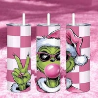 Pink Grinch Tumbler with Bubble Gum & Sunglasses | 20oz Skinny Sublimation Tumbler | Checkerboard - Thumbnail 3