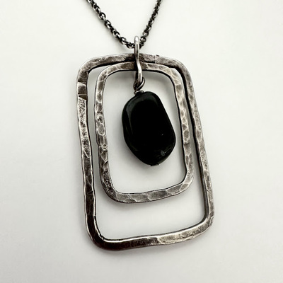 Green Enamel Lines on Sterling Silver Pendant