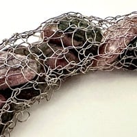 Knit Sterling Silver Necklace with Pink and Black Stones - Thumbnail 2