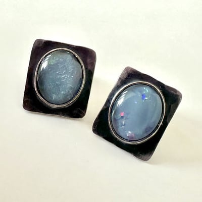 Opal on hammered sterling silver earrings