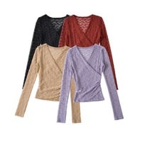 Sexy V-neck lace long-sleeved base layer T-shirt - Thumbnail 3