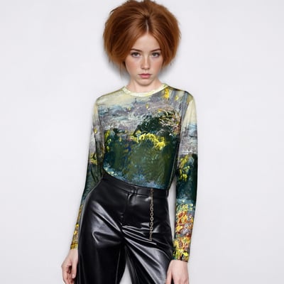 Chinese ink painting print thin see-through long-sleeved t-shirt