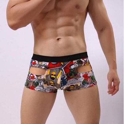 2pk sexy men's underwear lingerie cotton blend cartoon printed cut-out pouch boxer briefs underpants l424