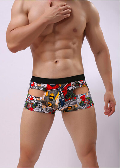 2PK Sexy Men's underwear lingerie cotton blend cartoon printed cut-out pouch boxer briefs underpants L424