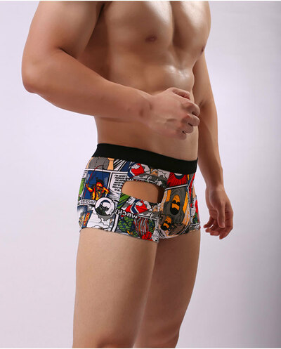 2PK Sexy Men's underwear lingerie cotton blend cartoon printed cut-out pouch boxer briefs underpants L424