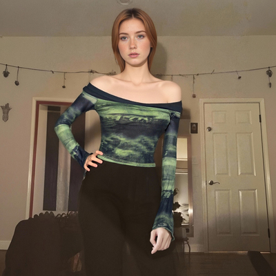 Green tie-dye bell sleeve mesh long-sleeved t-shirt