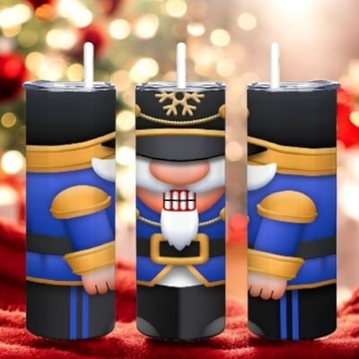Nutcracker soldier tumbler 20oz skinny, classic christmas decor gift, blue gold ballet fan