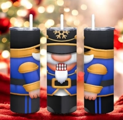 Nutcracker Soldier Tumbler 20oz Skinny, Classic Christmas Decor Gift, Blue Gold Ballet Fan