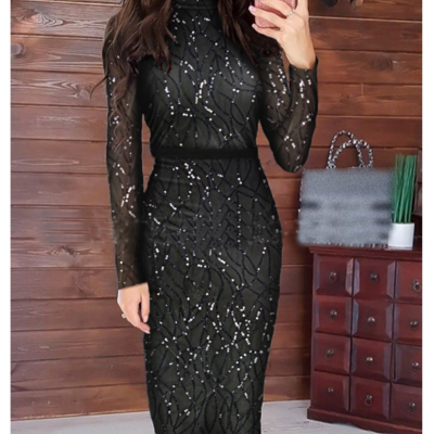 Fashion temperament pearl mesh long sleeve dress