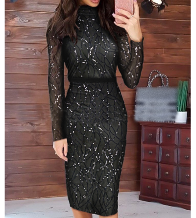 Fashion Temperament Pearl Mesh Long Sleeve Dress
