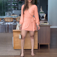 Solid Color V-Neck Backless Long Sleeve Dress - Thumbnail 1