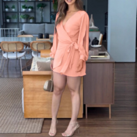 Solid Color V-Neck Backless Long Sleeve Dress - Thumbnail 2